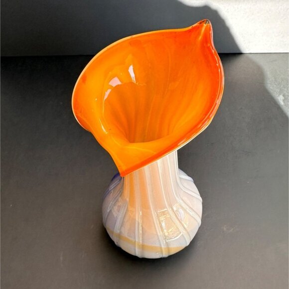 Murano-Style Vase Handblown Art Glass Tulip Vase With Orange & White Stripes Vin - Picture 7 of 9